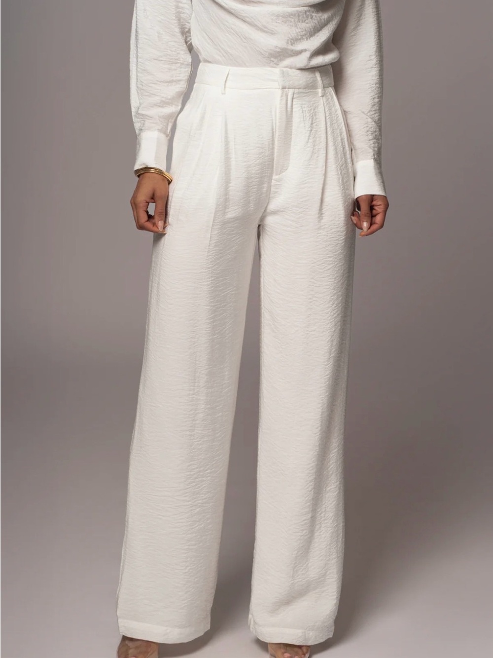 JLUXLABEL Ivory White Textured Wide-Leg High-Rise Trousers XS - Picture 2 of 5